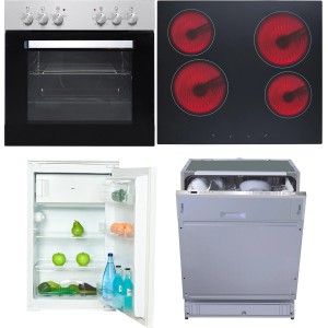 Flex-Well Küchengeräte-Set 6: Einbauherd, Kochfeld, Kühlschrank und Geschirrspüler im Set.