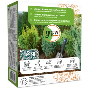 GROW by OBI Langzeit Hecken- und Koniferen-Dünger, 1,2kg Packung für grüne Hecken und Koniferen.