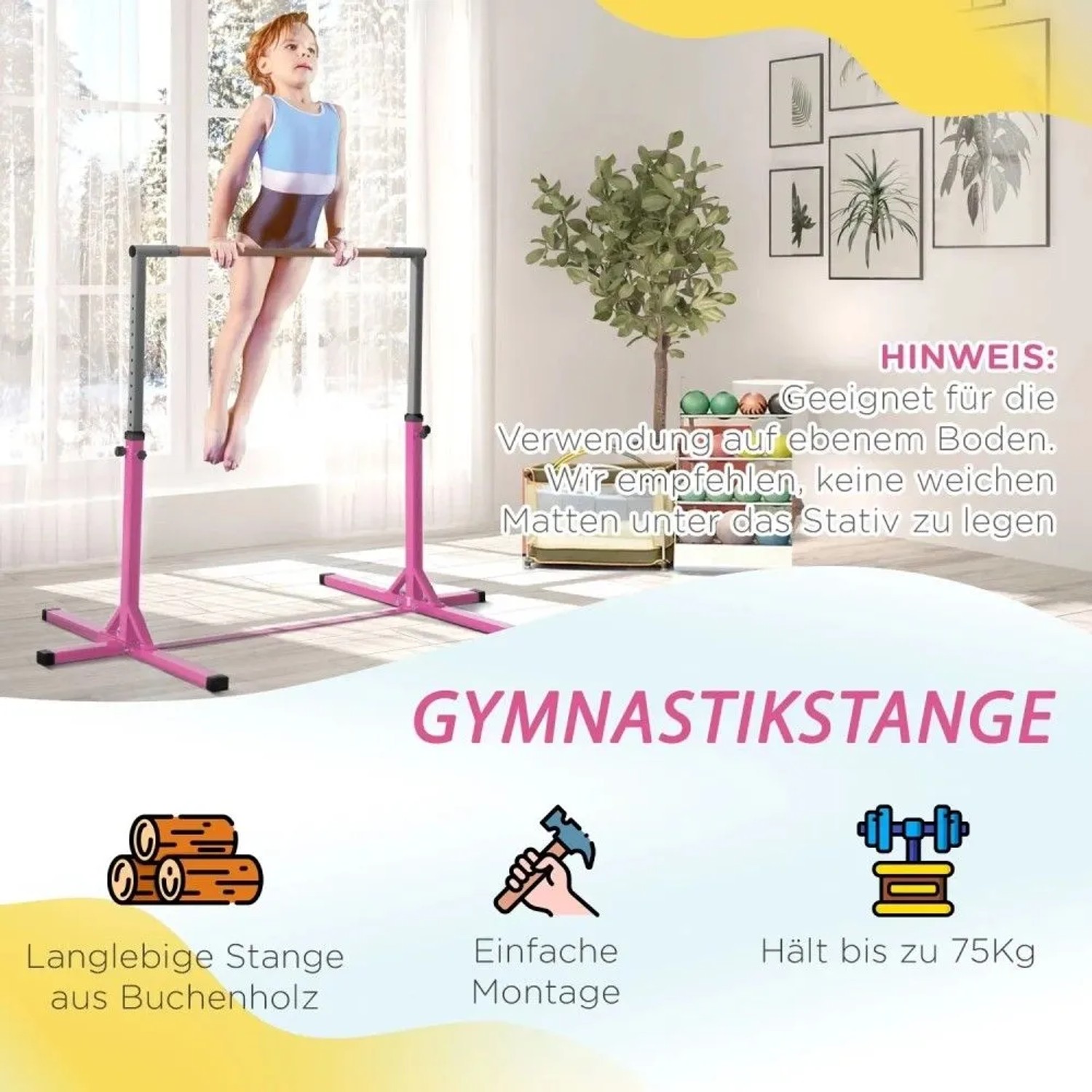 Kind turnt an rosa HOMCOM Gymnastik-Turnreck aus Stahl mit Buchenholzstange. Höhenverstellbar für Sport & Fitness.
