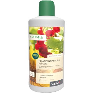 Flasche Manna Bio Pflanzennahrung 1 l für Blumen, Gemüse und Obst.