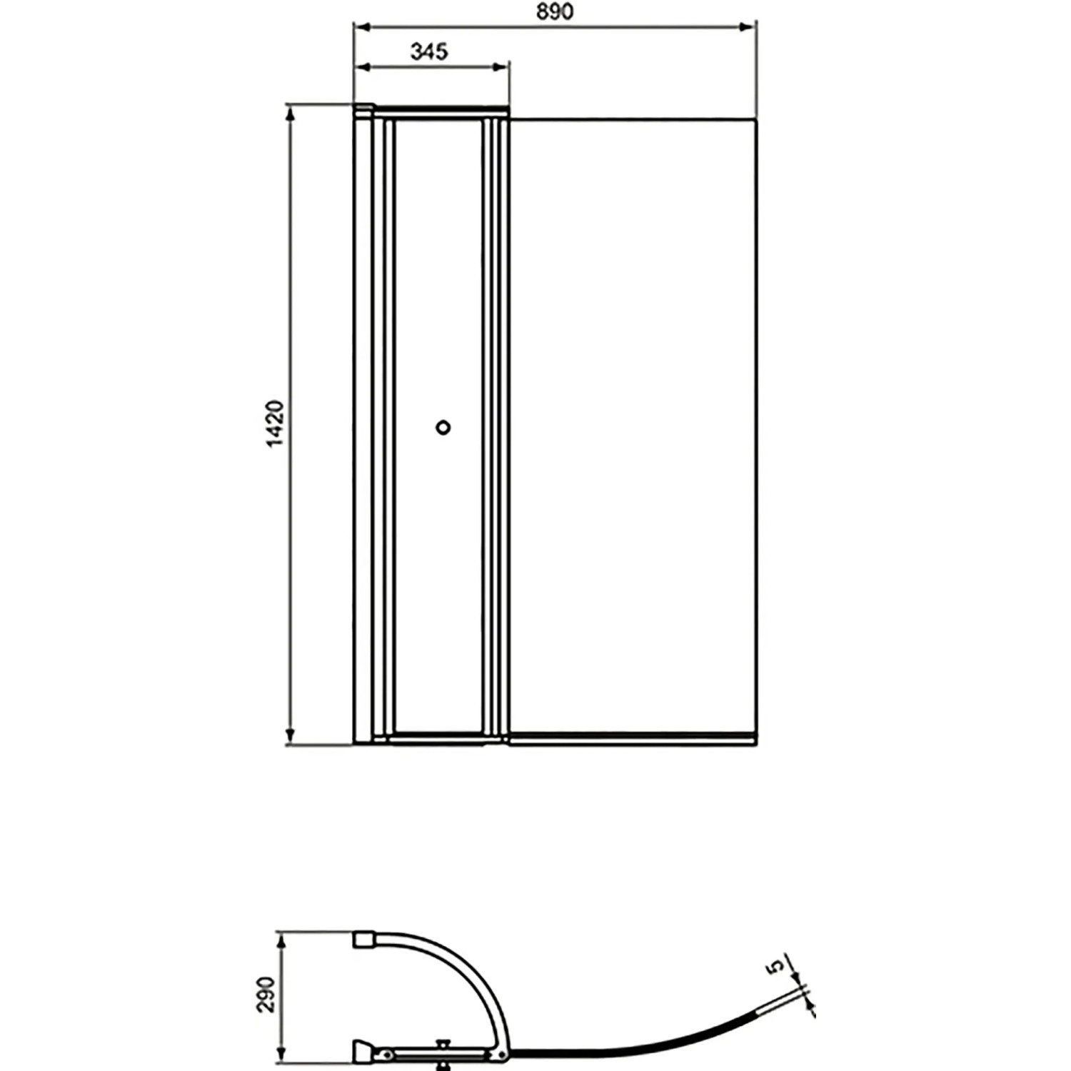 Technische Zeichnung: Ideal Standard Connect Air Duschwand mit Tür, beidseitig verwendbar.