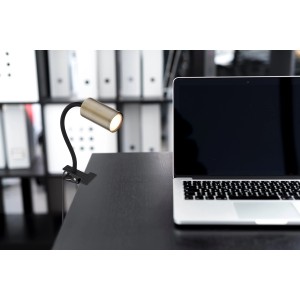 Schwarze Globo Klemmleuchte Robby mit Flexarm und altmessingfarbenem Lampenkopf am Schreibtisch.