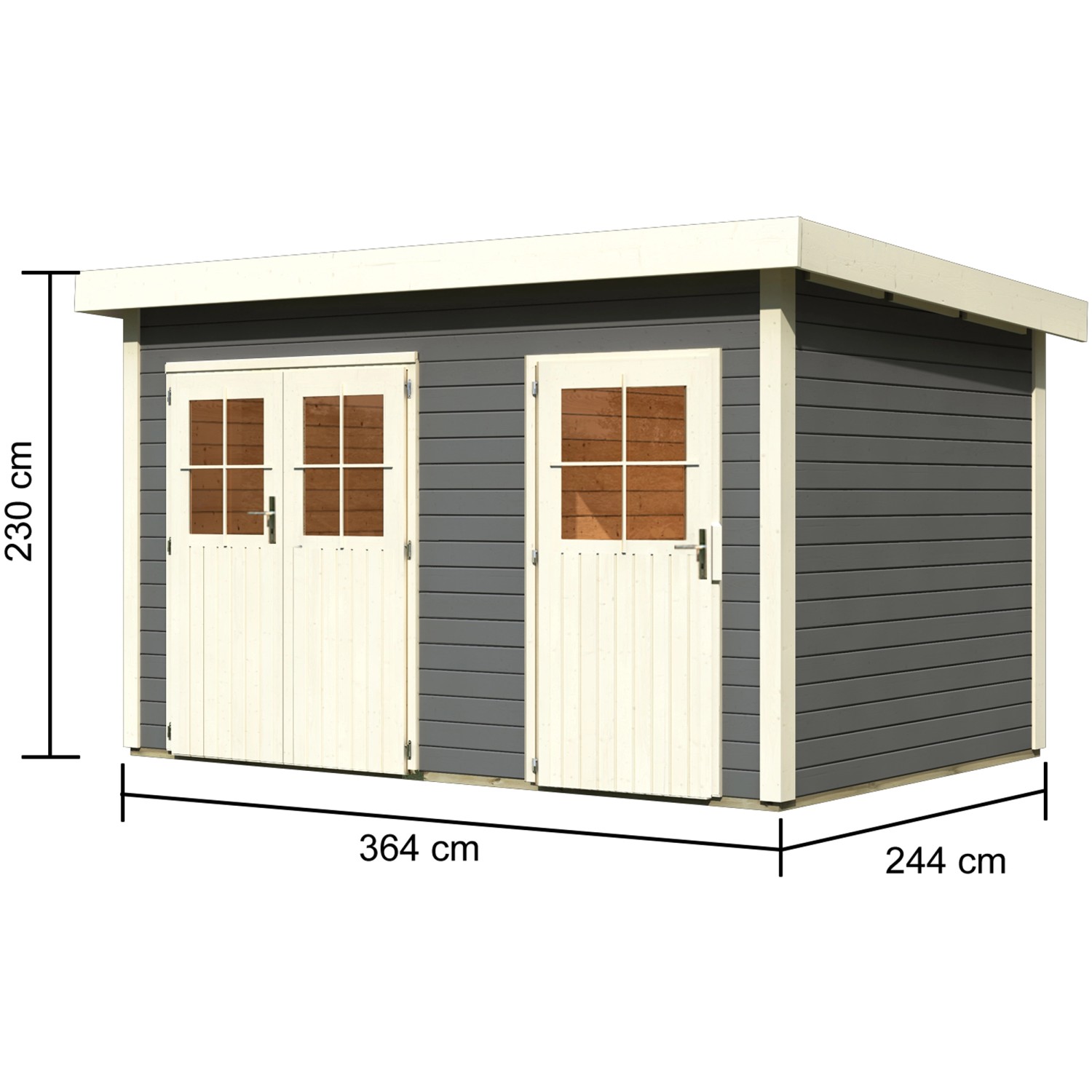 Karibu Holz-Gartenhaus Skanderbor, terragrau, mit Flachdach und Doppeltür. Ideal als Gerätehaus.