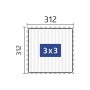 Quadratische Biohort Pergola 3x3 m in Weiß-Silber, schematische Darstellung mit Maßen.