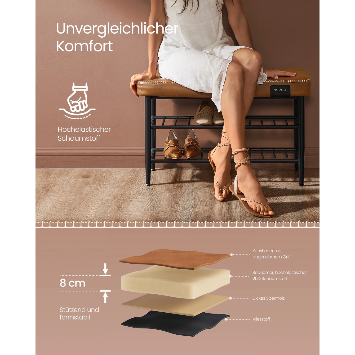 Braune Vasagle Schuhbank (80x50x30cm) mit Sitzfläche und Schuhablagen. Frau sitzt auf der Bank.