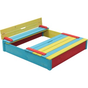 Farbenfroher SwingKing Sandkasten Sepp 120x120 cm mit Klappdeckel als Sitzbank.
