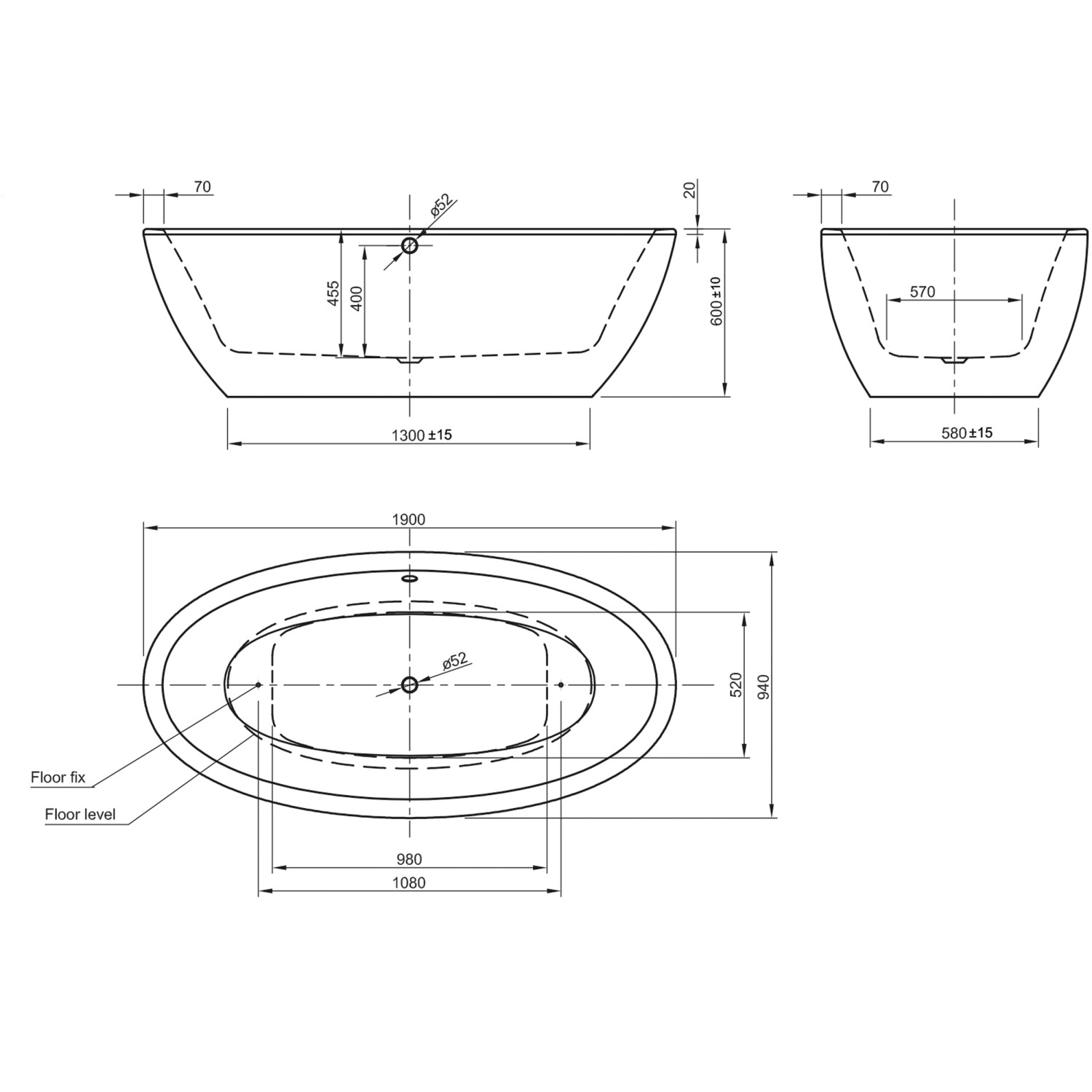 Technische Zeichnung Ottofond Whirlpool Latina, Maße 190x94 cm, Details zu Anschlüssen und Abmessungen.