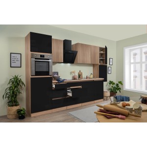 Respekta Premium Küchenzeile, 330 cm, Schwarz/Eiche NB, grifflos, mit E-Geräten.
