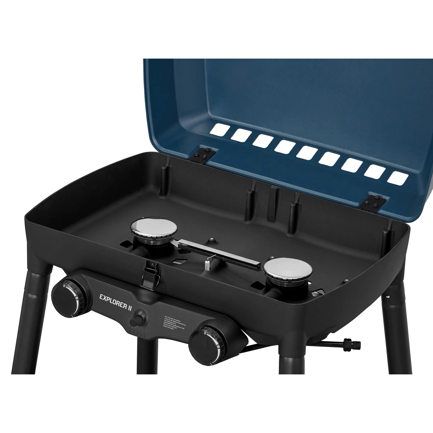 Enders Camping-Gasgrill Explorer II mit zwei Brennern und blauer Haube.