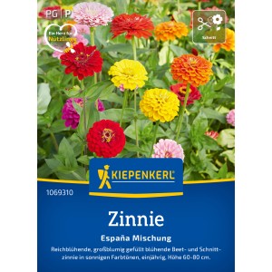 Kiepenkerl Zinnien Espana Mix: Farbenfrohe Zinnien in Gelb, Orange und Rot.