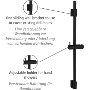 Schwarze Wenko Duschstange Classic, 70 cm, mit verstellbarem Brausehalter und verschiebbarer Wandhalterung.