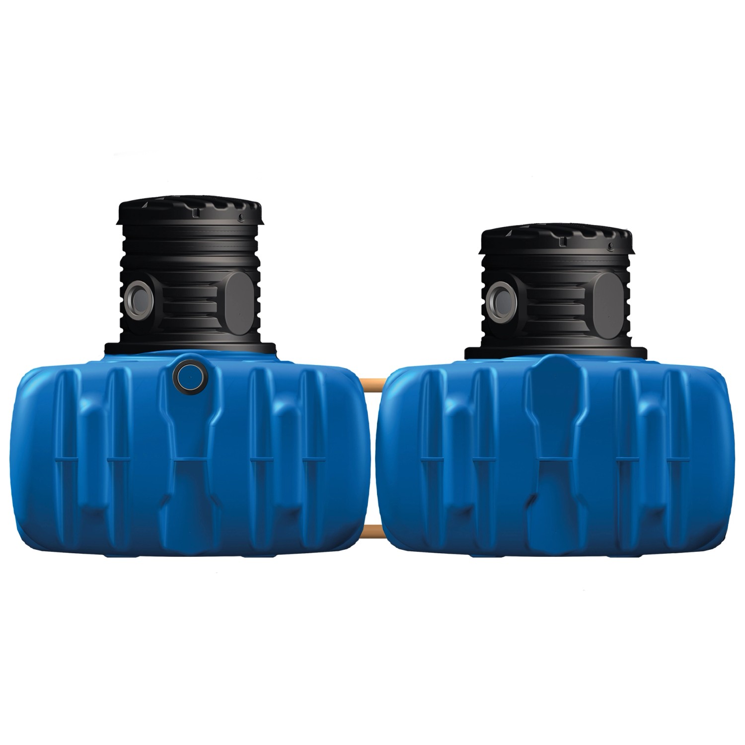 4rain Flachtank Flat S 6.000 l: Blaue Erdtanks mit schwarzem Domschacht und Tankabdeckung.
