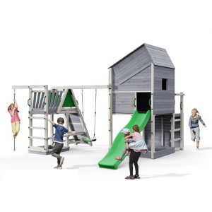Spielturm Funky Combo mit Rutsche, Schaukel und Kletterwand für Kinder zum Spielen im Garten.