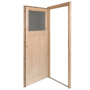 Geöffnete, naturbelassene Panto Holz-Nebeneingangstür mit Lichtausschnitt und Rahmen.