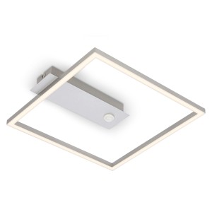 Quadratische Brilo LED-Deckenleuchte Nici in Silber mit Bewegungsmelder und Dämmerungssensor.