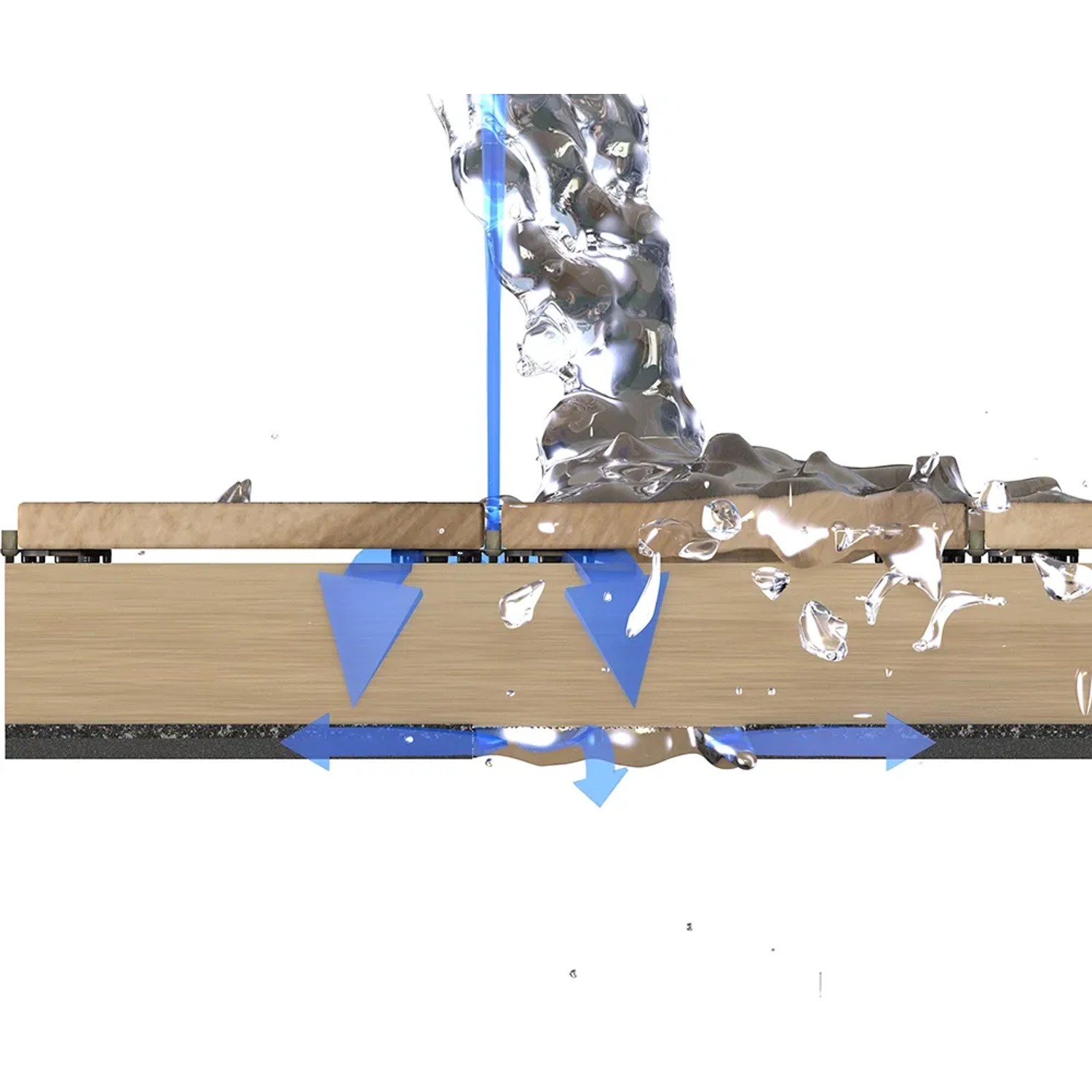 GS Terrassen Abstandshalter (4 mm) zwischen Holzdielen mit Wasserablauf dargestellt.