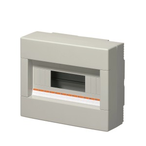 Grauer Aufputzverteiler, 1-reihig, ohne Tür, IP40, aus Kunststoff.