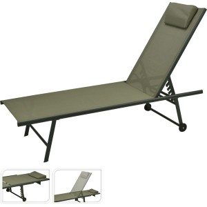 Khaki Lounge-Bett (185 cm) mit Stahlrahmen, verstellbar und mit Rollen für Garten & Terrasse.