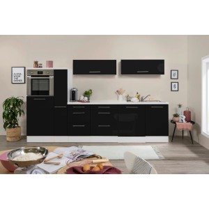 Respekta Premium Inselküche, 310 cm, Schwarz Hochglanz/Weiß, mit E-Geräten.