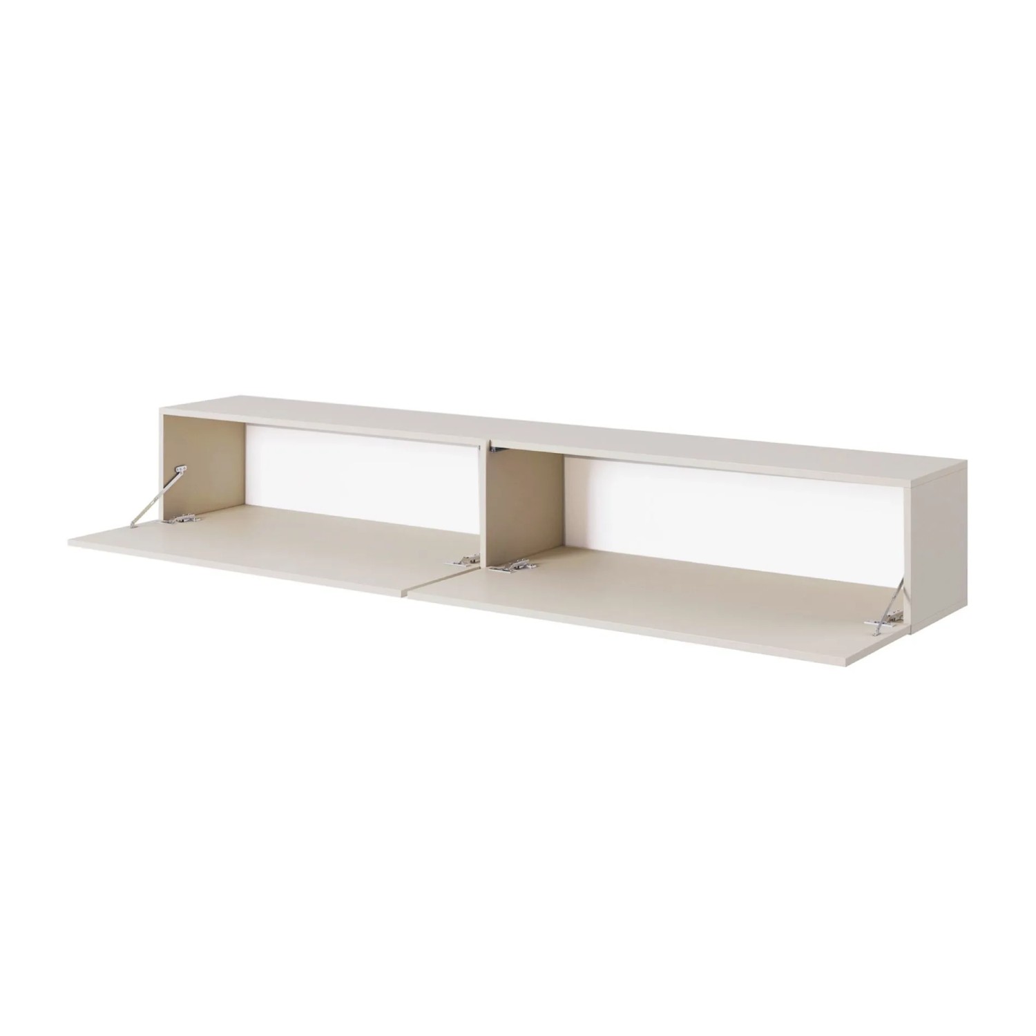 Selsey TV-Hängeboard Bisira 200 cm in Kaschmirgrau mit zwei geöffneten Klapptüren. Modernes, griffloses Design für Stauraum.