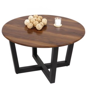 Runder Couchtisch M61 in Sheesham Holz-Optik mit dunklem Metallgestell.