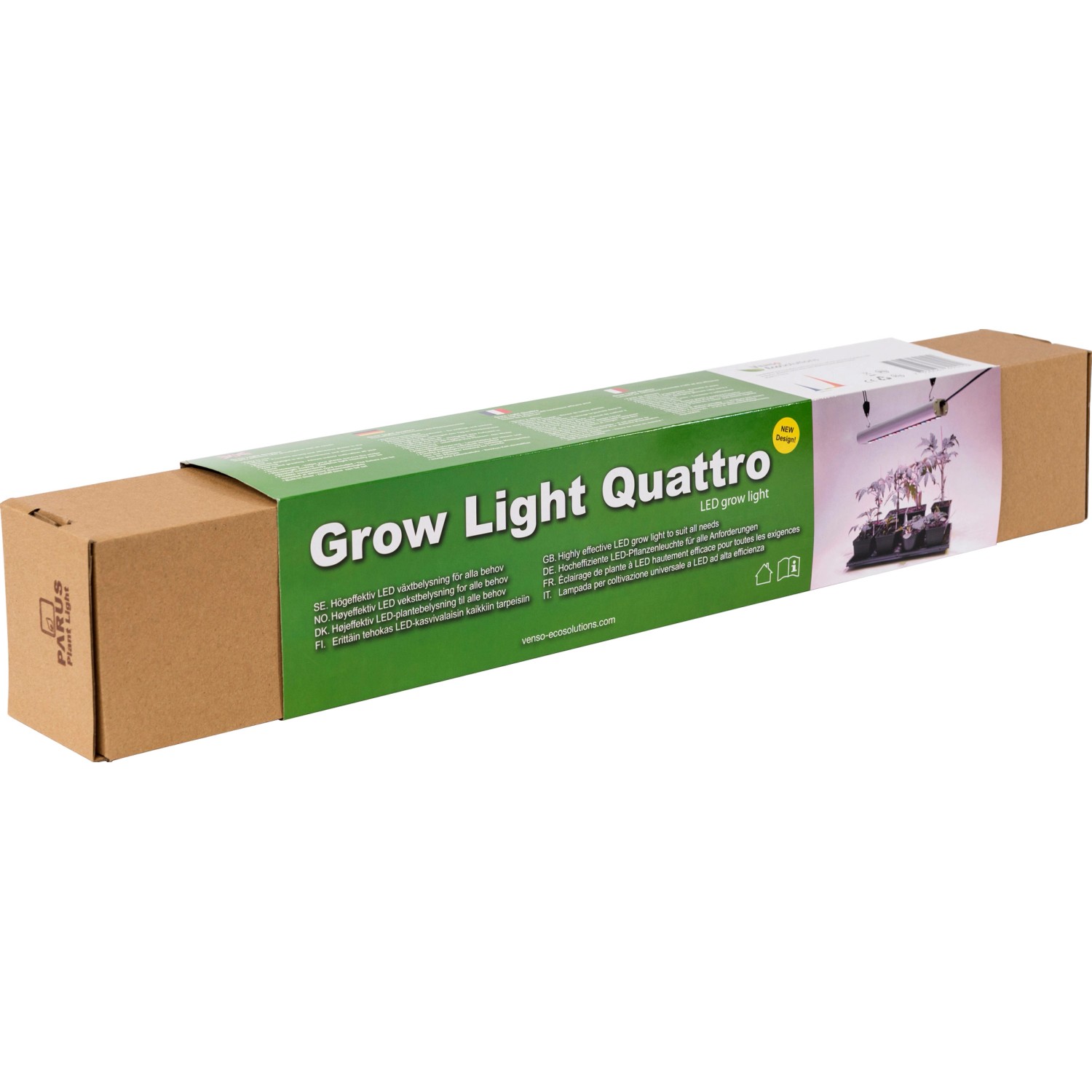 Verpackung der Parus LED-Pflanzenlampe GrowLight Quattro 30W für Pflanzenanzucht.