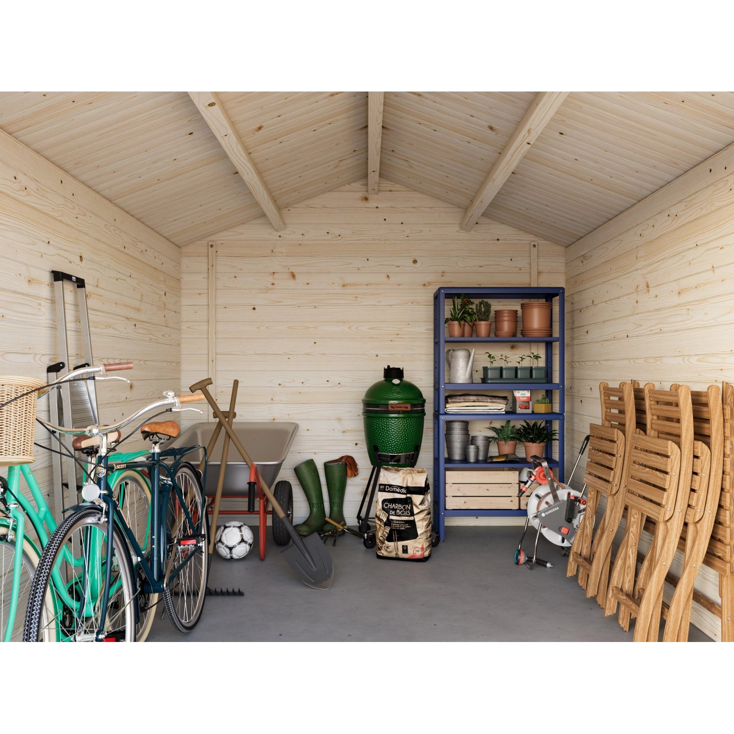 Innenansicht des hellgrau-anthrazit lackierten Palmako Gartenhauses Lotta mit Gartengeräten und Regalen.