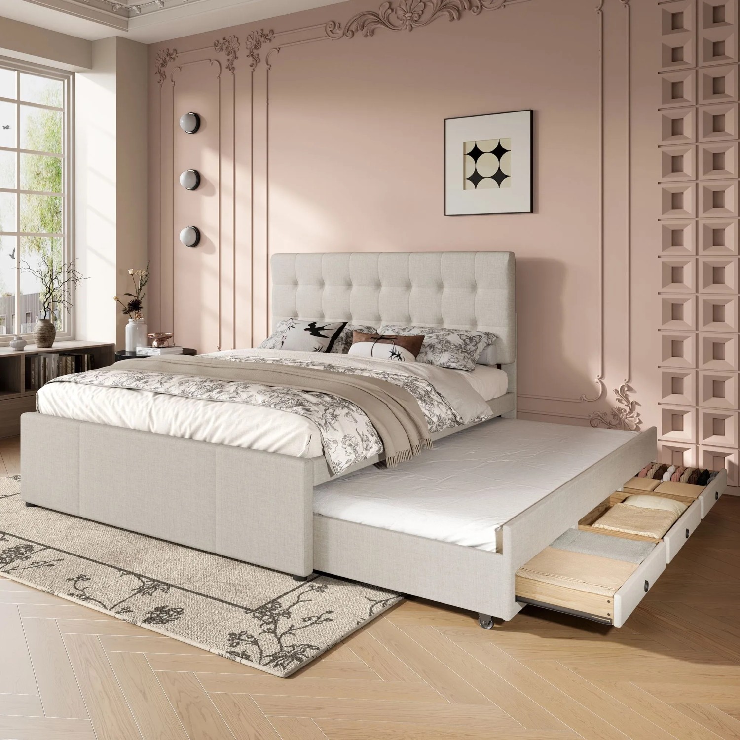 okwish Polsterbett 140x200cm mit Schubladen Schlafzimmer Beige ohne Matratze_2