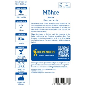 Kiepenkerl Möhren Rotin Samenpackung mit Produktdetails und Logo.