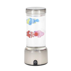 Silberne LED-Lavaleuchte Aqua mit transparentem Zylinder, bunten Fischen und Touch-Bedienung. Für stimmungsvolle Lichteffekte.