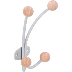 Siro Garderobenhaken 1292, silbergraues Metall mit Ahorn Holzkugeln.