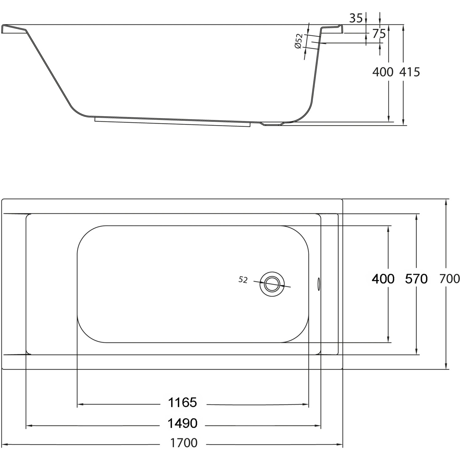 Technische Zeichnung Ottofond Körperformwanne-Set 170x70 cm, Maße und Details zur Rechteck-Badewanne.
