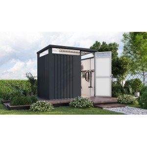 Karibu Gartenhaus Amato 1,5 in Anthrazit mit geöffneter Tür und Lichtband im Garten.