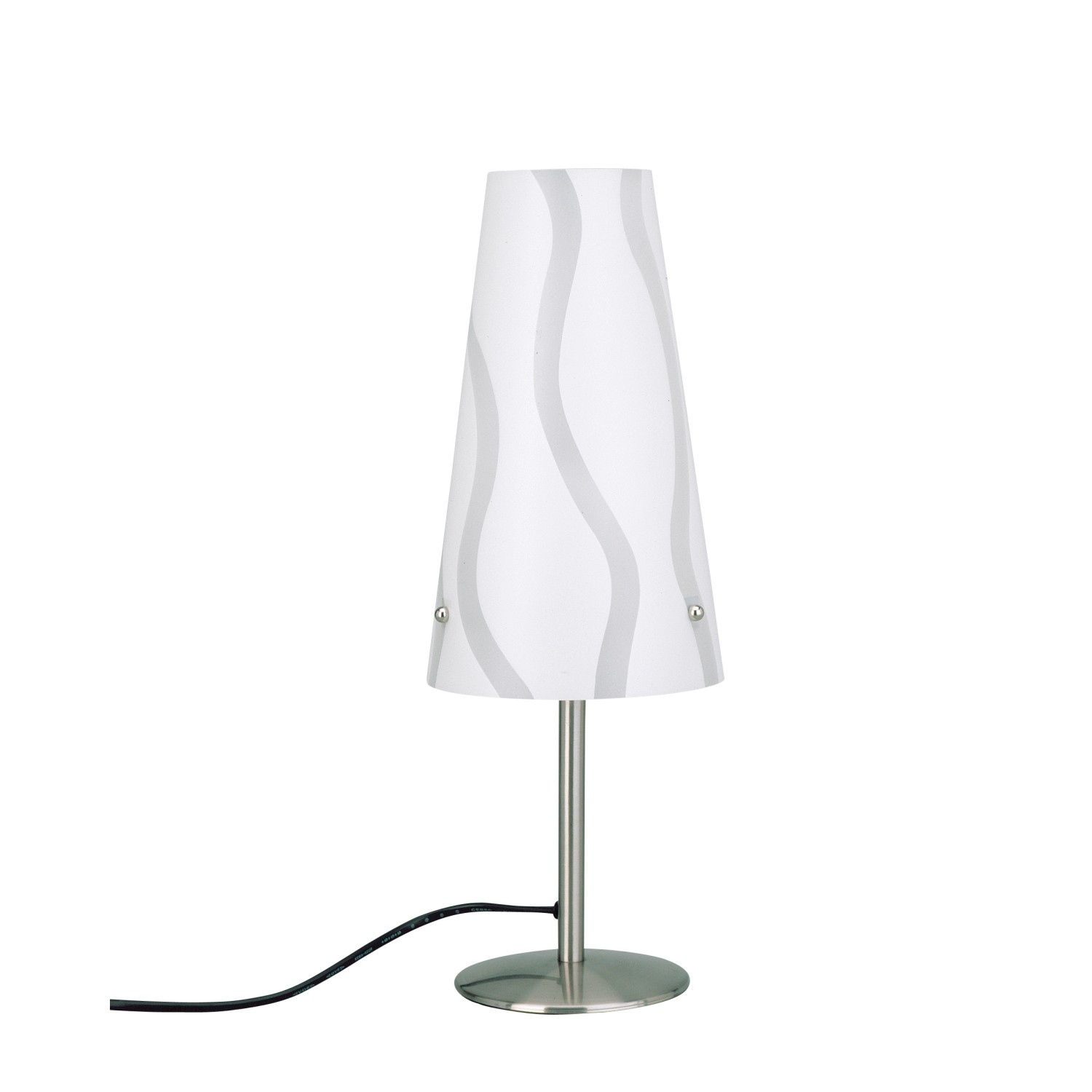 Weiße Tischleuchte Ingolstadt mit Dekor und Metallsockel. Design-Tischlampe für E14 Leuchtmittel.