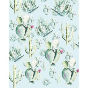 Komar Fototapete Vlies Cactus Blue mit Kakteen Muster auf hellblauem Hintergrund.