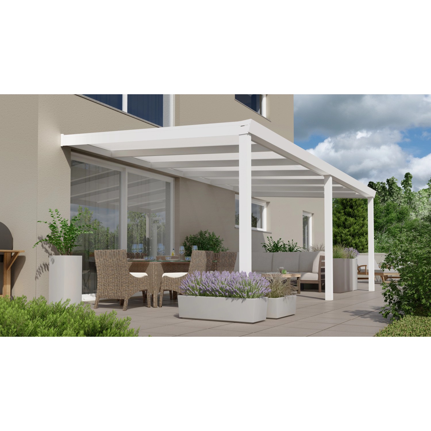 Weiße Terrassenüberdachung Professional 600x300 cm mit Polycarbonat Opal Platten. Robuste Aluminiumkonstruktion.