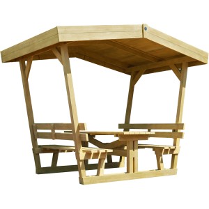 Weka Gartenlaube Tessin aus Holz, naturbelassen mit Tisch und Bänken.