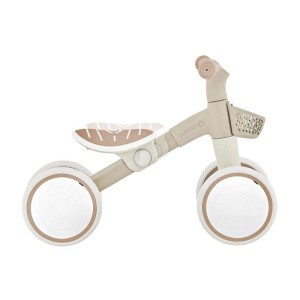 Taupe Globber Learning Bike, 4-rädrig, mit 7 Zoll EVA-Reifen, höhenverstellbarem Sattel und Lenkerkorb.