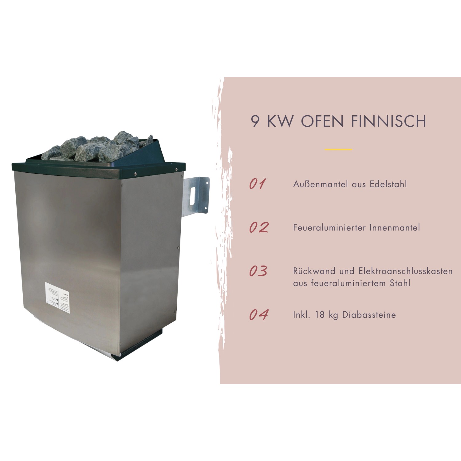 Saunaofen 9 kW für Karibu Saunahaus Magnus: Edelstahl-Außenmantel, Diabassteine inklusive.