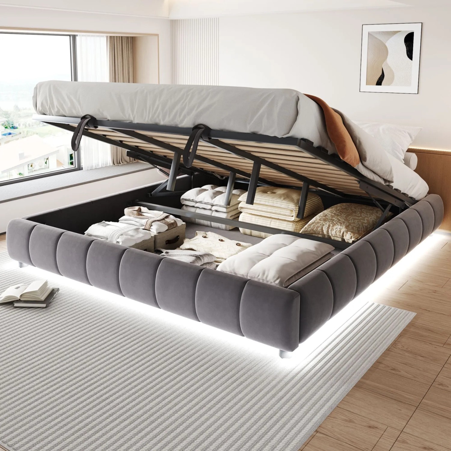 okwish Polsterbett 180x200cm mit LED Beleuchtung und Stauraum Grau ohne Matratze_2