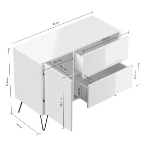 Posseik Sideboard Industrial S, weiß hochglanz, mit 2 Schubladen und 1 Tür, Maße eingezeichnet.