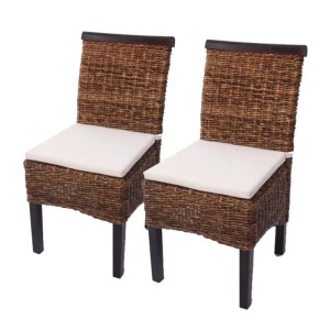2er-Set Esszimmerstühle Acireale, Bananengeflecht, dunkles Holz, mit Kissen.