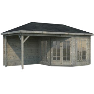 Grauer Palmako Holz-Pavillon Melanie mit Fußboden, 557x280 cm. Gartenlaube mit Überdachung und Fenstern.