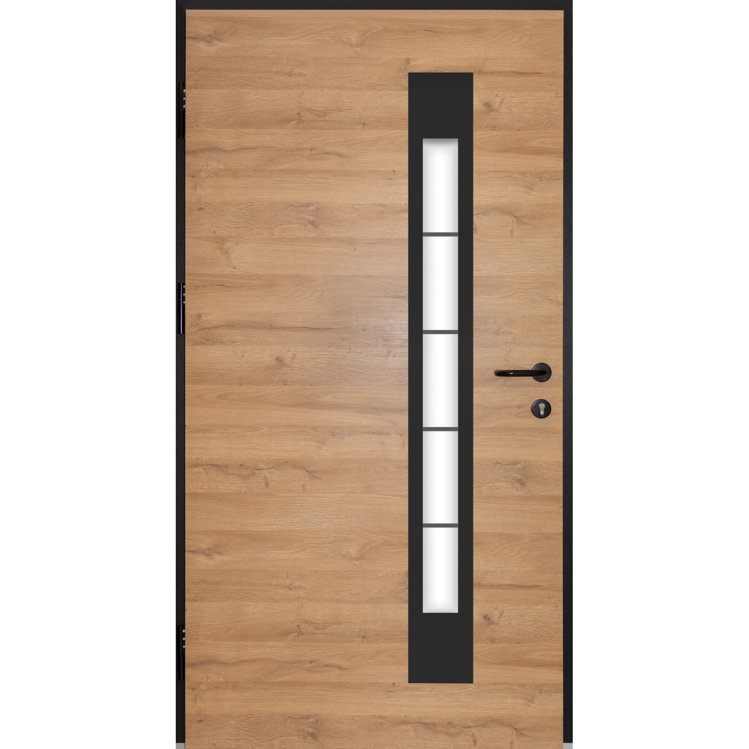 Splendoor Sicherheitshaustür Thermospace Berlin Prime RC2 in Eiche Natur mit Glaseinsatz und schwarzem Rahmen.