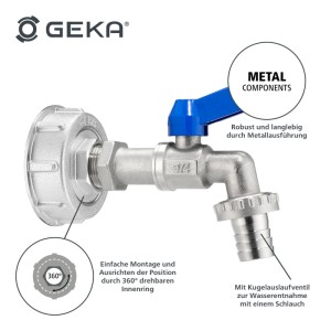 GEKA plus IBC Adapter Set mit Kugelauslaufventil und blauem Griff, Zubehör für Regentonnen.