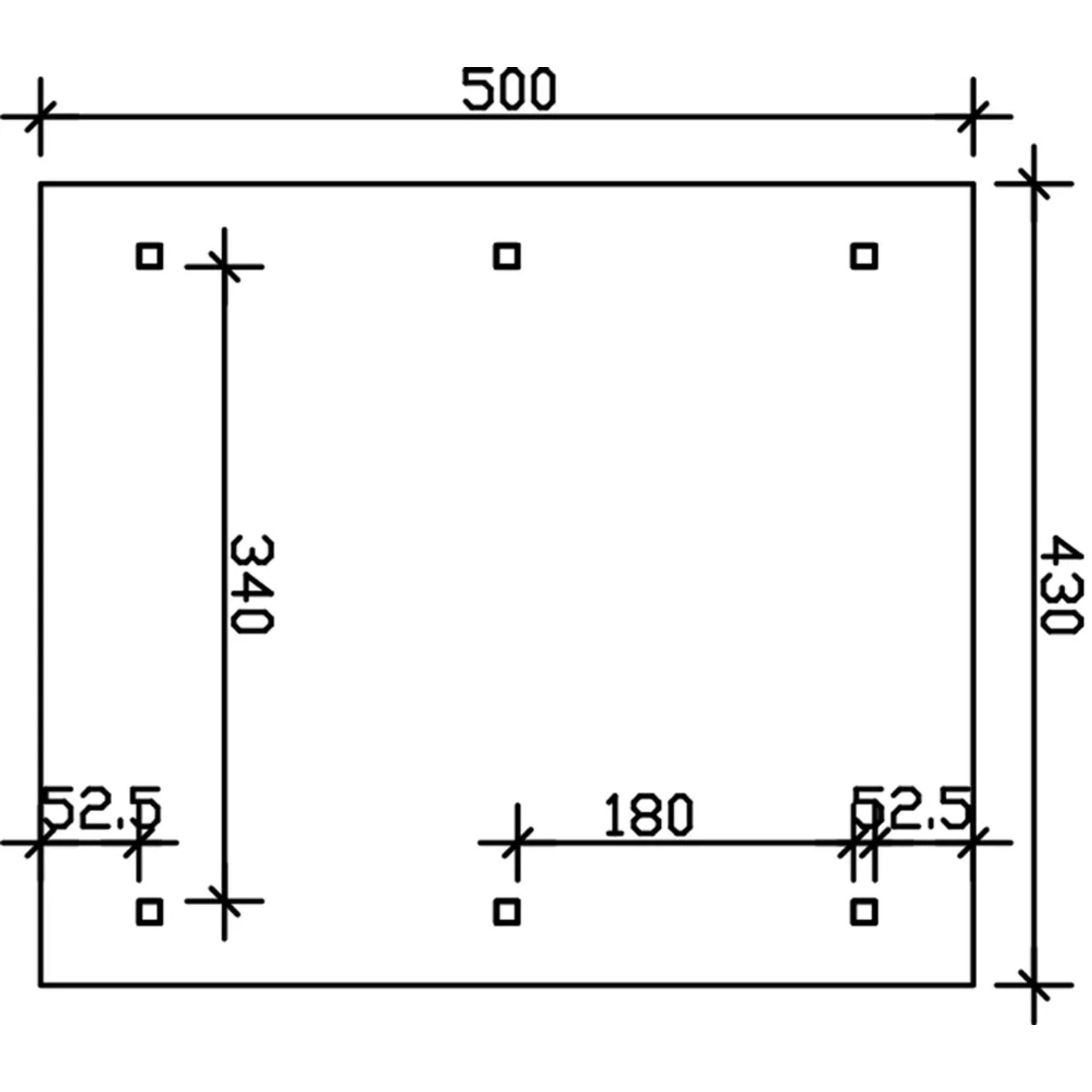 Technische Zeichnung Satteldach-Carport Wallgau, Maße: 430 x 500 cm, Pfostenpositionen.