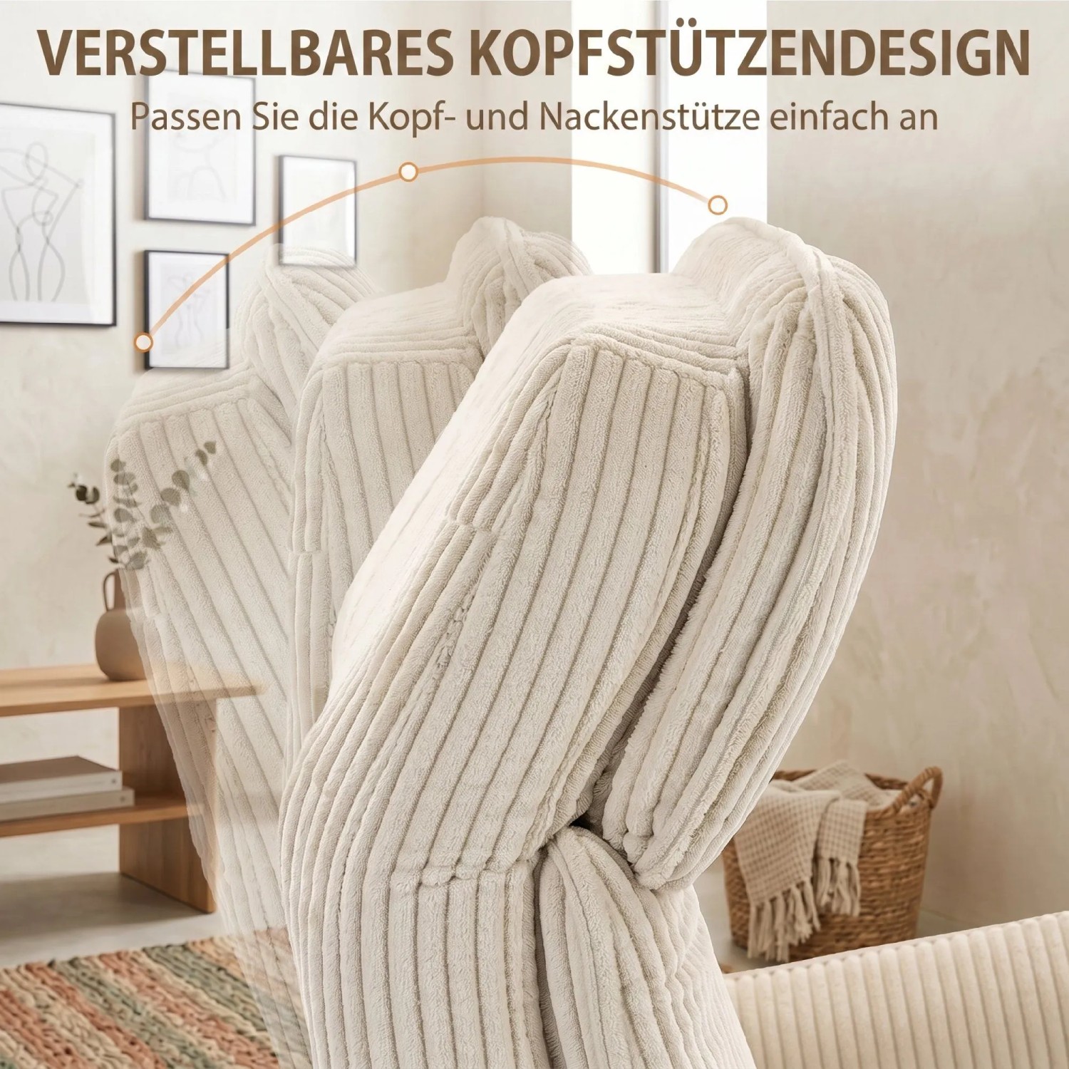Cremeweiße Cord-Kopfstütze des HOMCOM Relaxsessels, verstellbar für optimalen Nacken- und Kopfkomfort. Ideal für Massagesessel.