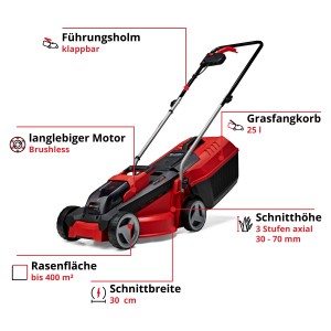 Einhell Akku-Rasenmäher GE-CM 18/30 Li mit Akku und Ladegerät. Kompakter, roter Rasenmäher mit Fangkorb.