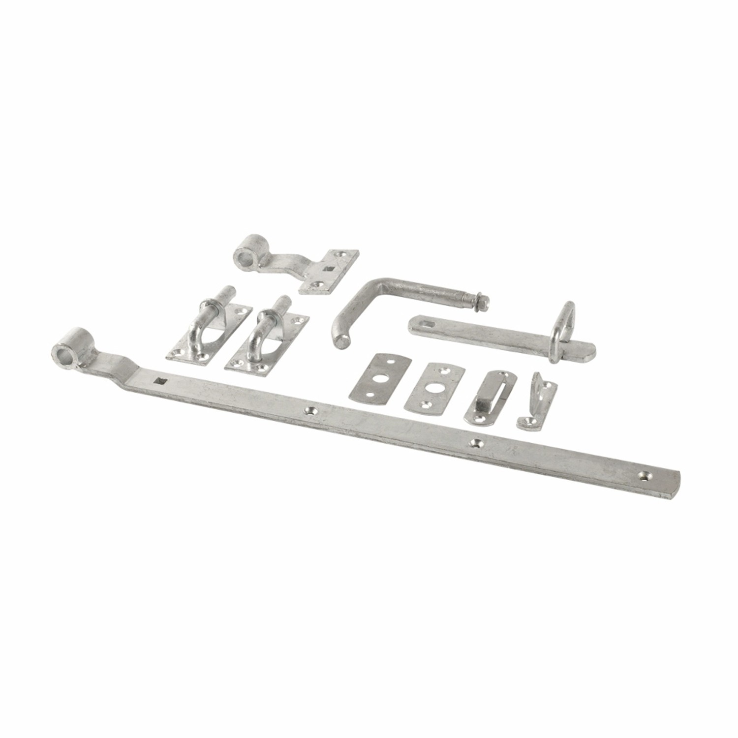 Beschläge-Set für Gartentor Rondo, verzinkt, bestehend aus Scharnieren, Riegel und Befestigungsmaterial.