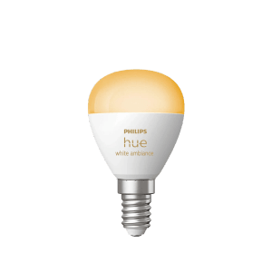 Philips Hue E14 Leuchtmittel in Tropfenform mit warmweißem Licht.